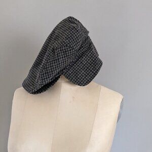 Vintage Newsie Style Hat with Ear Flap / Neck Warmer Wool Blend Houndstooth